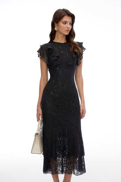 Remi Black Lace Ruffled Maxi Dress
