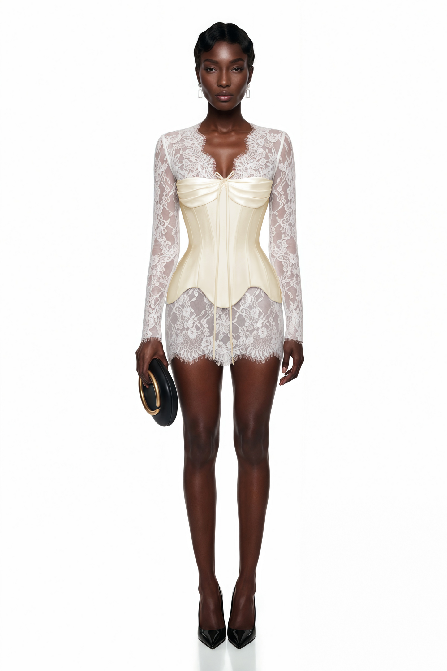 Renata White Ruched Top & Semi Sheer Lace Mini Dress Set