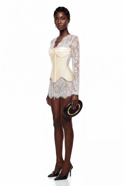 Renata White Ruched Top & Semi Sheer Lace Mini Dress Set