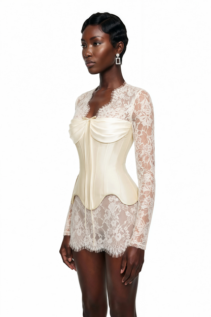 Renata White Ruched Top & Semi Sheer Lace Mini Dress Set