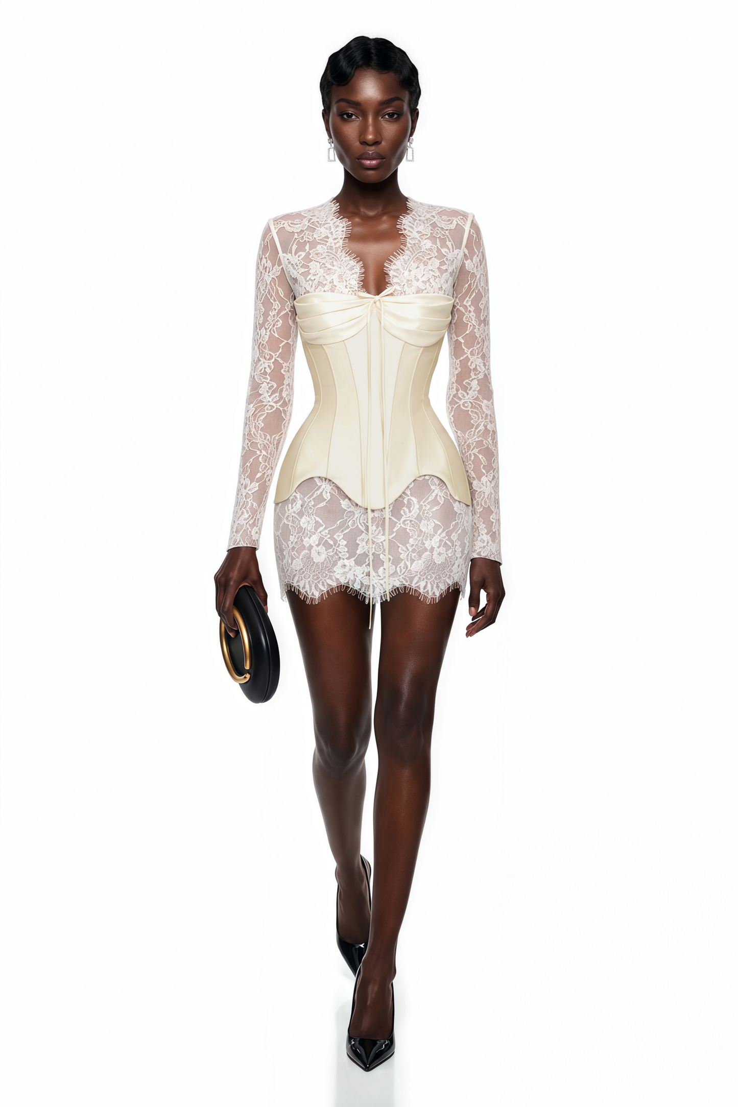 Renata White Ruched Top & Semi Sheer Lace Mini Dress Set