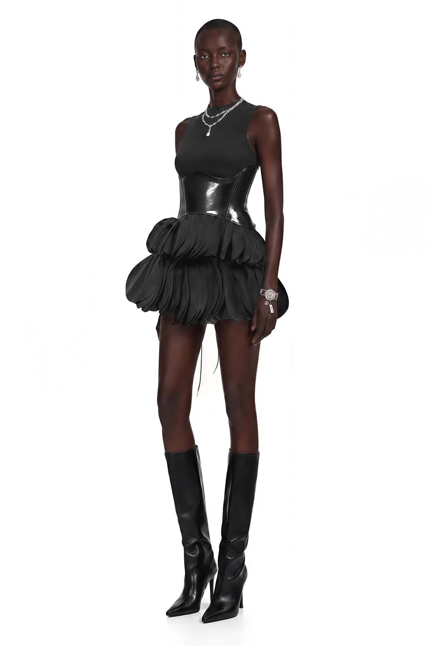 Renee Black Tiered Mini Dress with Faux Leather Bodice