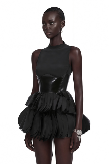 Renee Black Tiered Mini Dress with Faux Leather Bodice