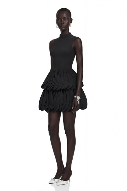Renee Black Tiered Mini Dress with Faux Leather Bodice