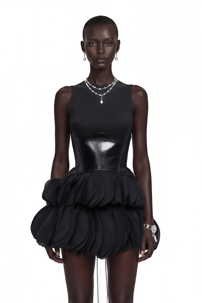 Renee Black Tiered Mini Dress with Faux Leather Bodice
