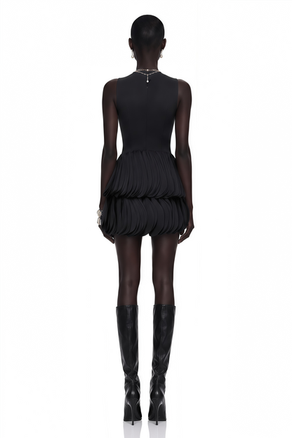 Renee Black Tiered Mini Dress with Faux Leather Bodice