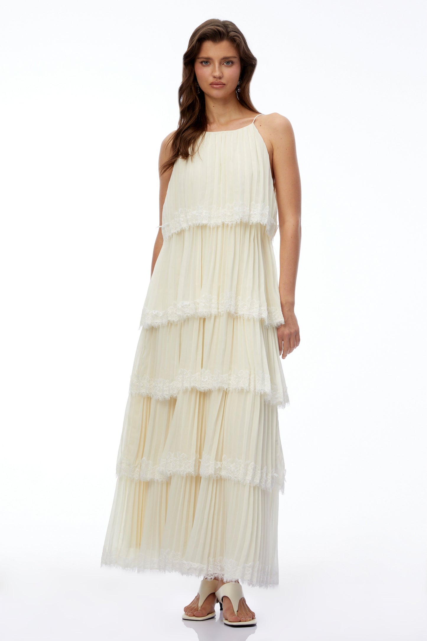 Rhea Cream Pleated Maxi Dress with Lace Trim