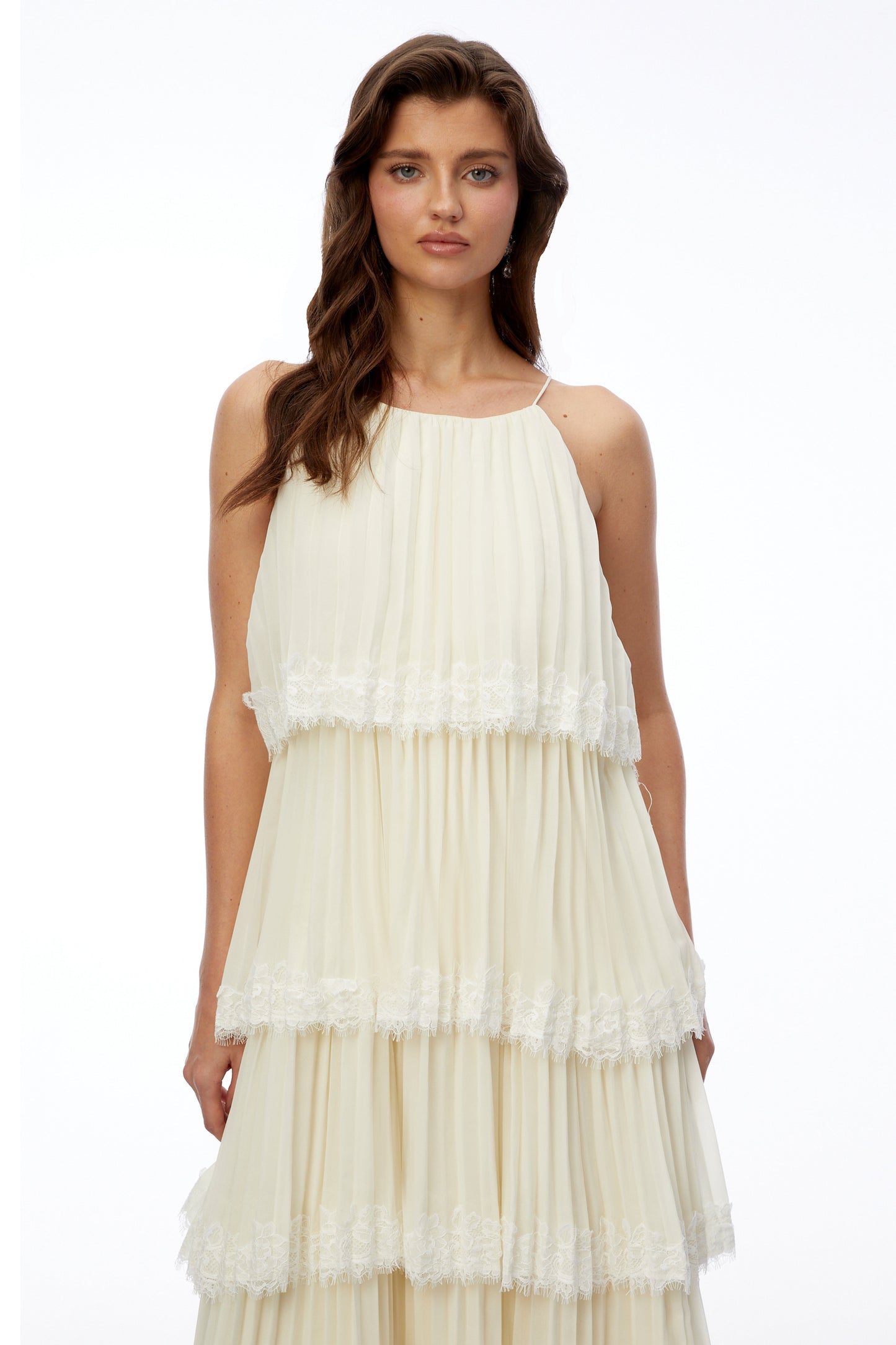 Rhea Cream Pleated Maxi Dress with Lace Trim