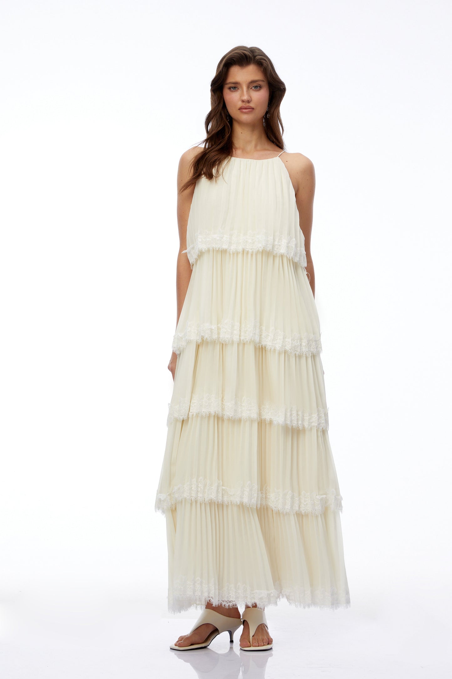 Rhea Cream Pleated Maxi Dress with Lace Trim