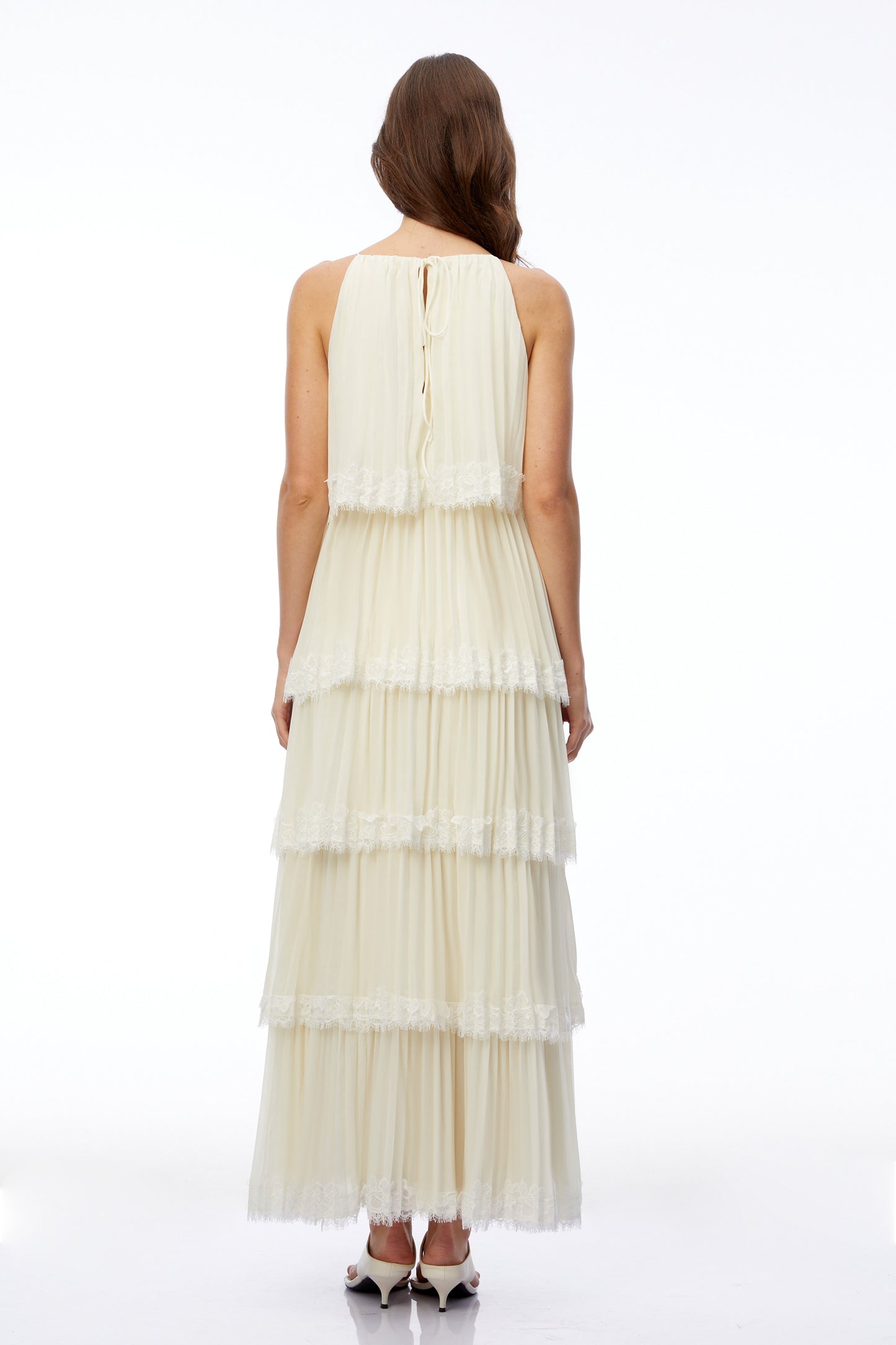 Rhea Cream Pleated Maxi Dress with Lace Trim