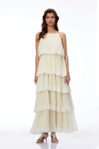 Rhea Cream Pleated Maxi Dress with Lace Trim