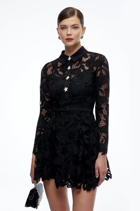 Riven Black Long Sleeves Lace Mini Dress