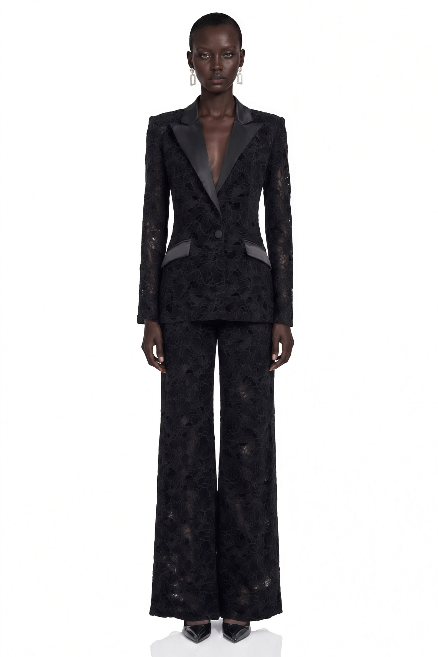 Romilda Black Sheer Floral Lace Blazer & Trouser Set