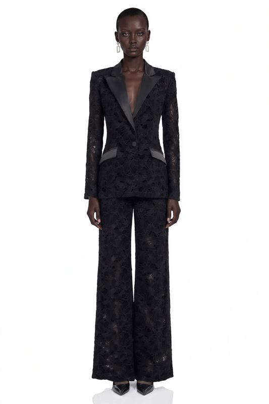 Romilda Black Sheer Floral Lace Blazer & Trouser Set