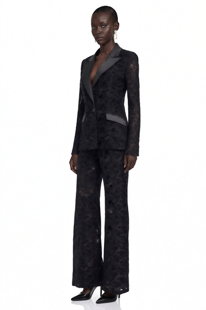 Romilda Black Sheer Floral Lace Blazer & Trouser Set