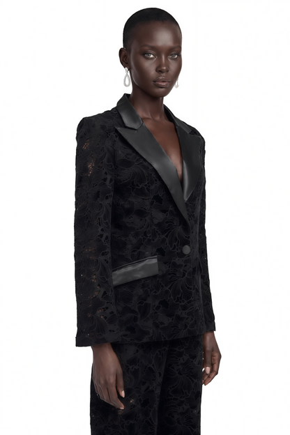 Romilda Black Sheer Floral Lace Blazer & Trouser Set