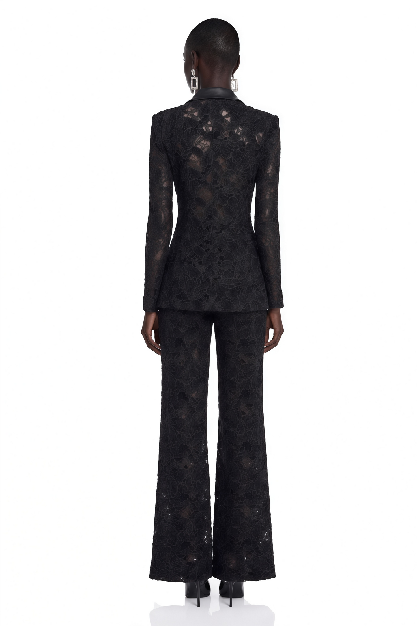 Romilda Black Sheer Floral Lace Blazer & Trouser Set