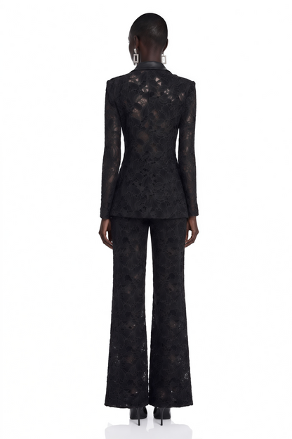 Romilda Black Sheer Floral Lace Blazer & Trouser Set