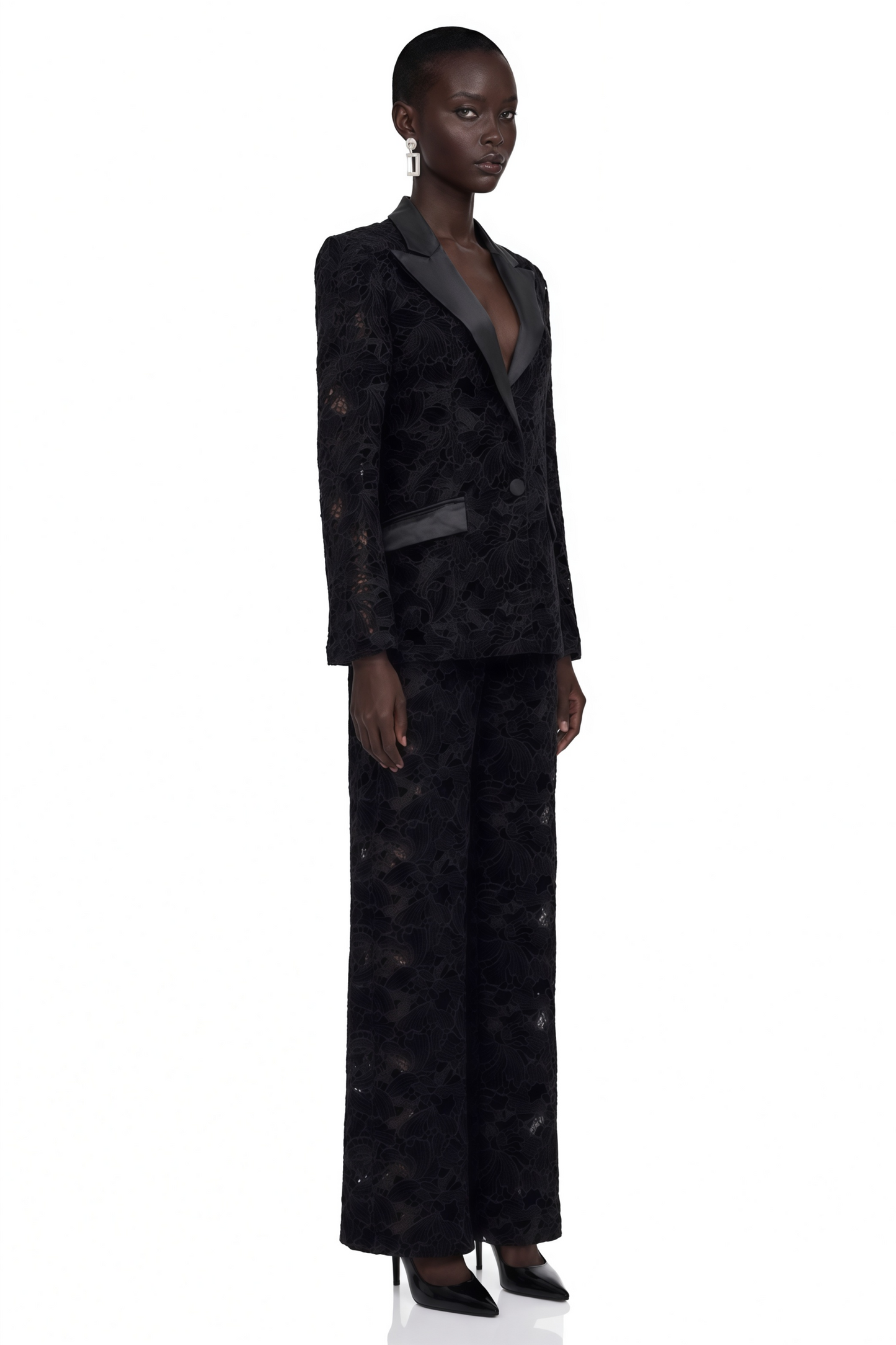 Romilda Black Sheer Floral Lace Blazer & Trouser Set