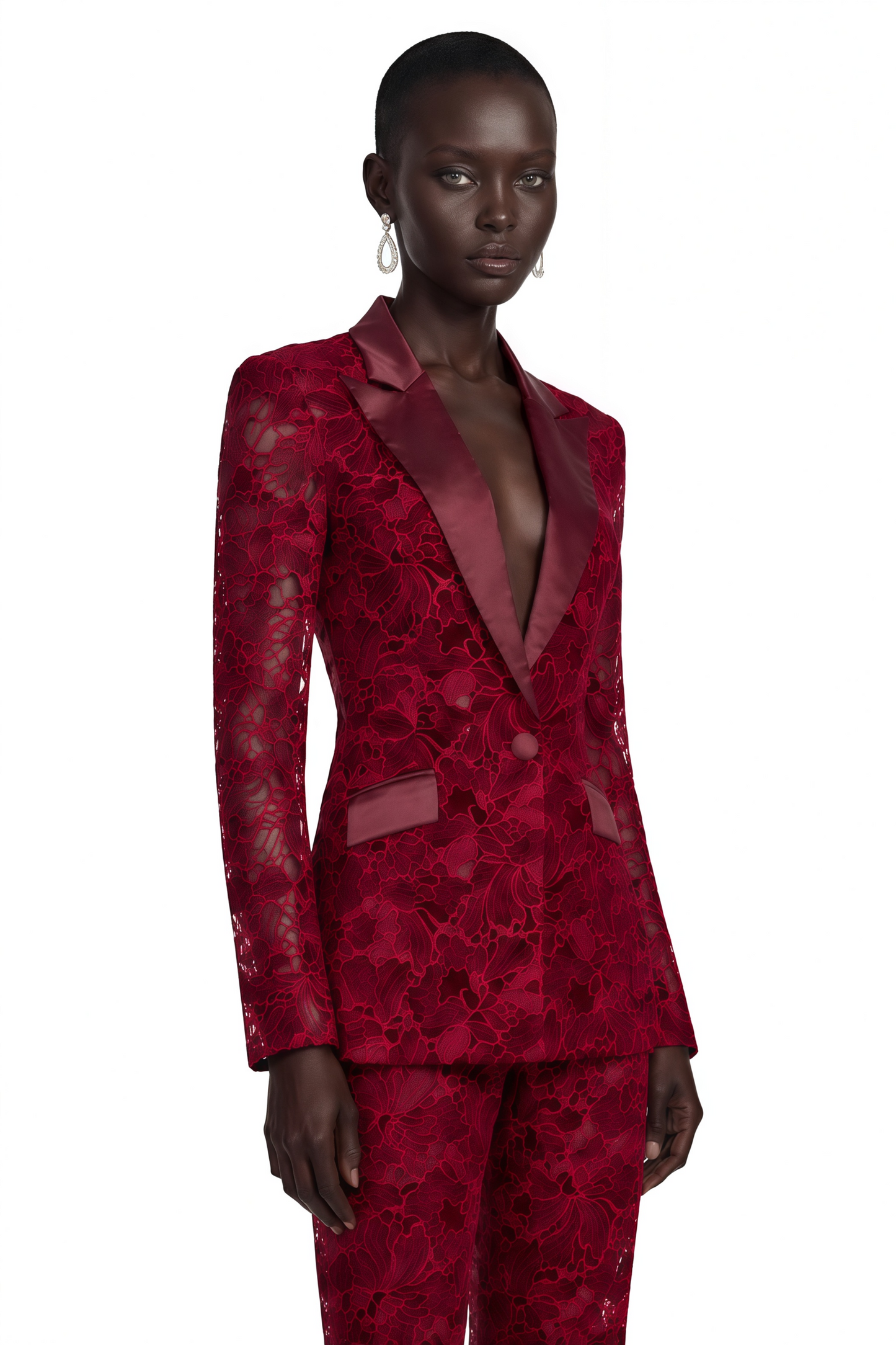 Romilda Burgundy Sheer Floral Lace Blazer & Trouser Set