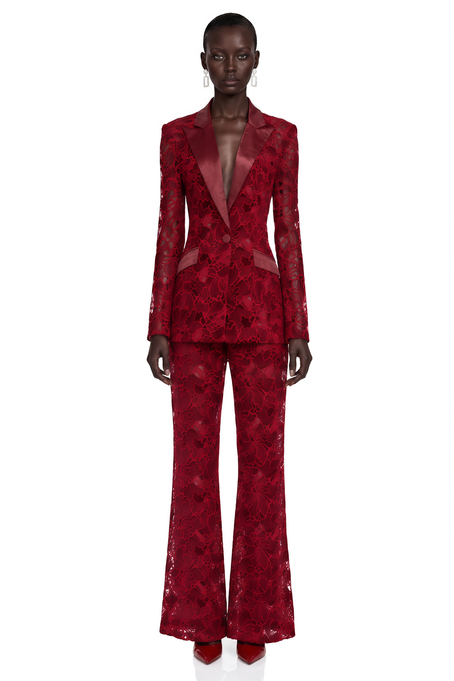 Romilda Burgundy Sheer Floral Lace Blazer & Trouser Set