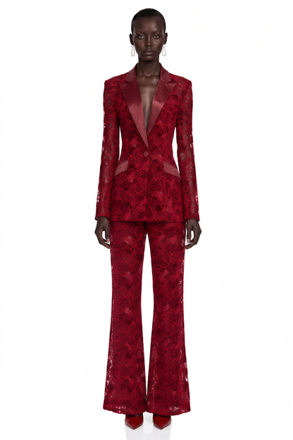 Romilda Burgundy Sheer Floral Lace Blazer & Trouser Set