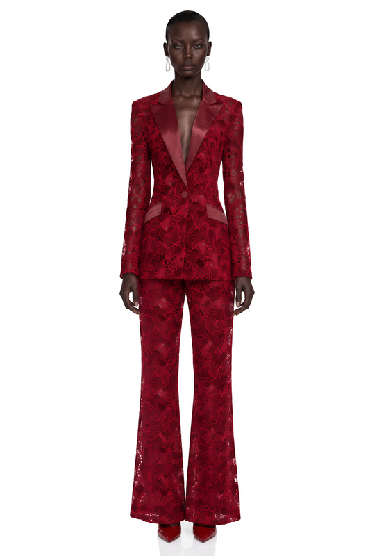 Romilda Burgundy Sheer Floral Lace Blazer & Trouser Set