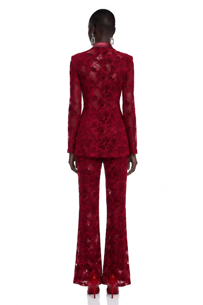 Romilda Burgundy Sheer Floral Lace Blazer & Trouser Set