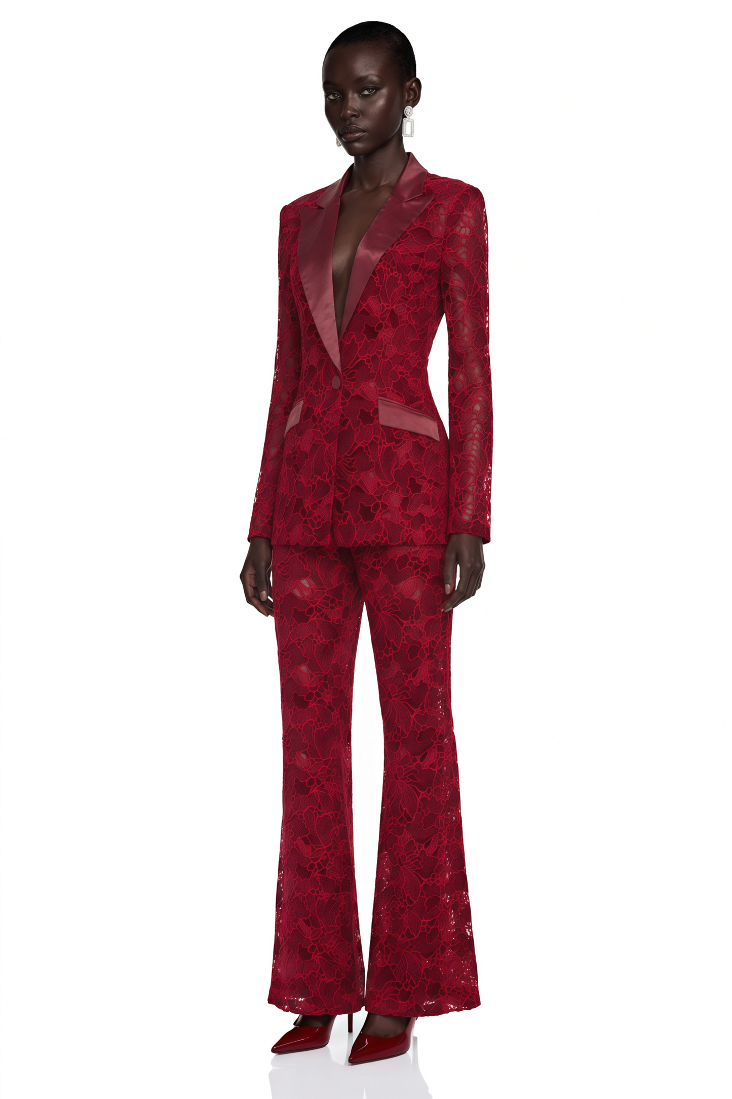 Romilda Burgundy Sheer Floral Lace Blazer & Trouser Set
