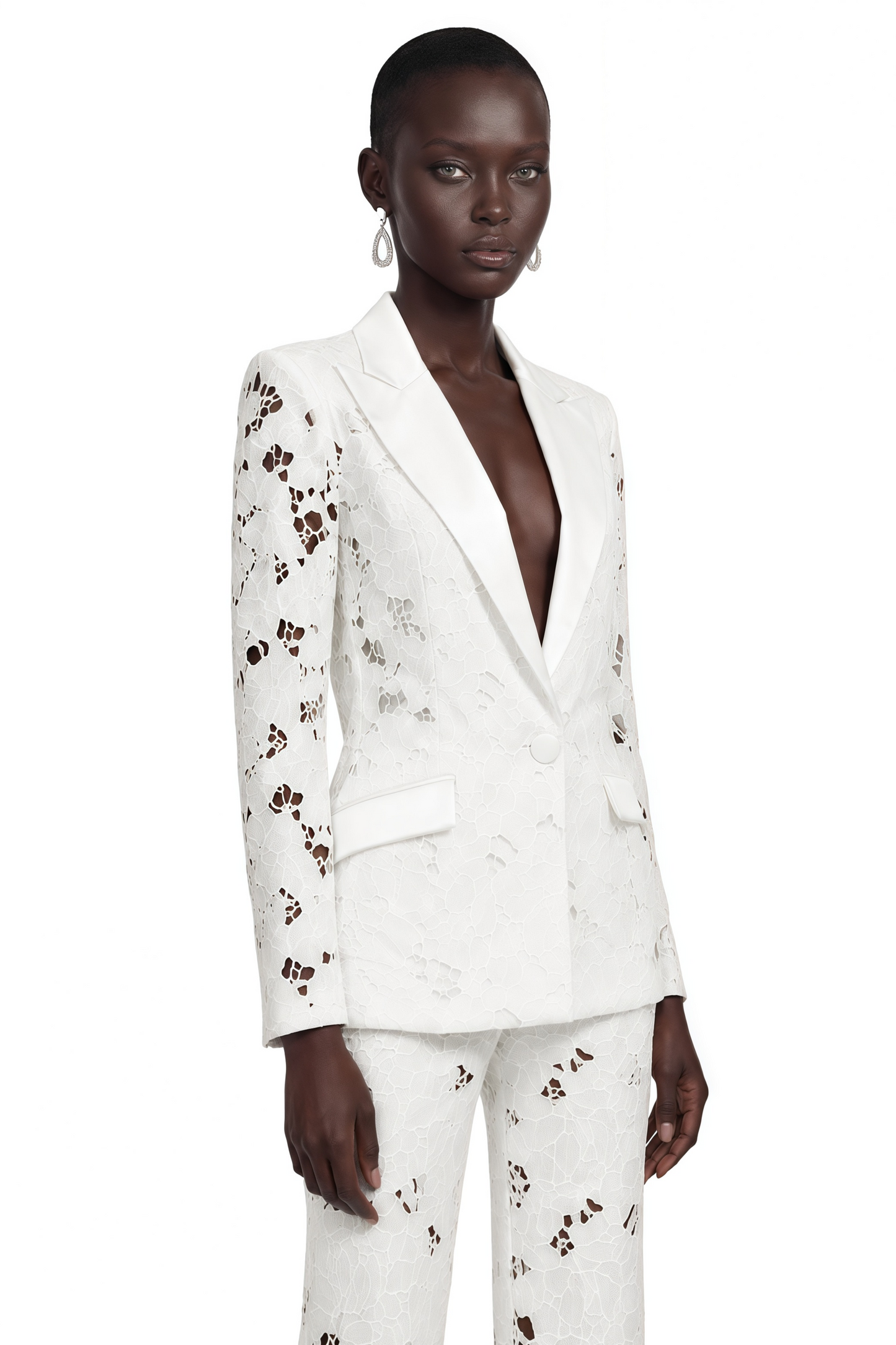 Romilda White Sheer Floral Lace Blazer & Trouser Set