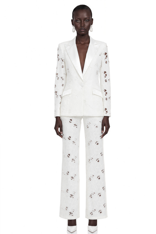 Romilda White Sheer Floral Lace Blazer & Trouser Set