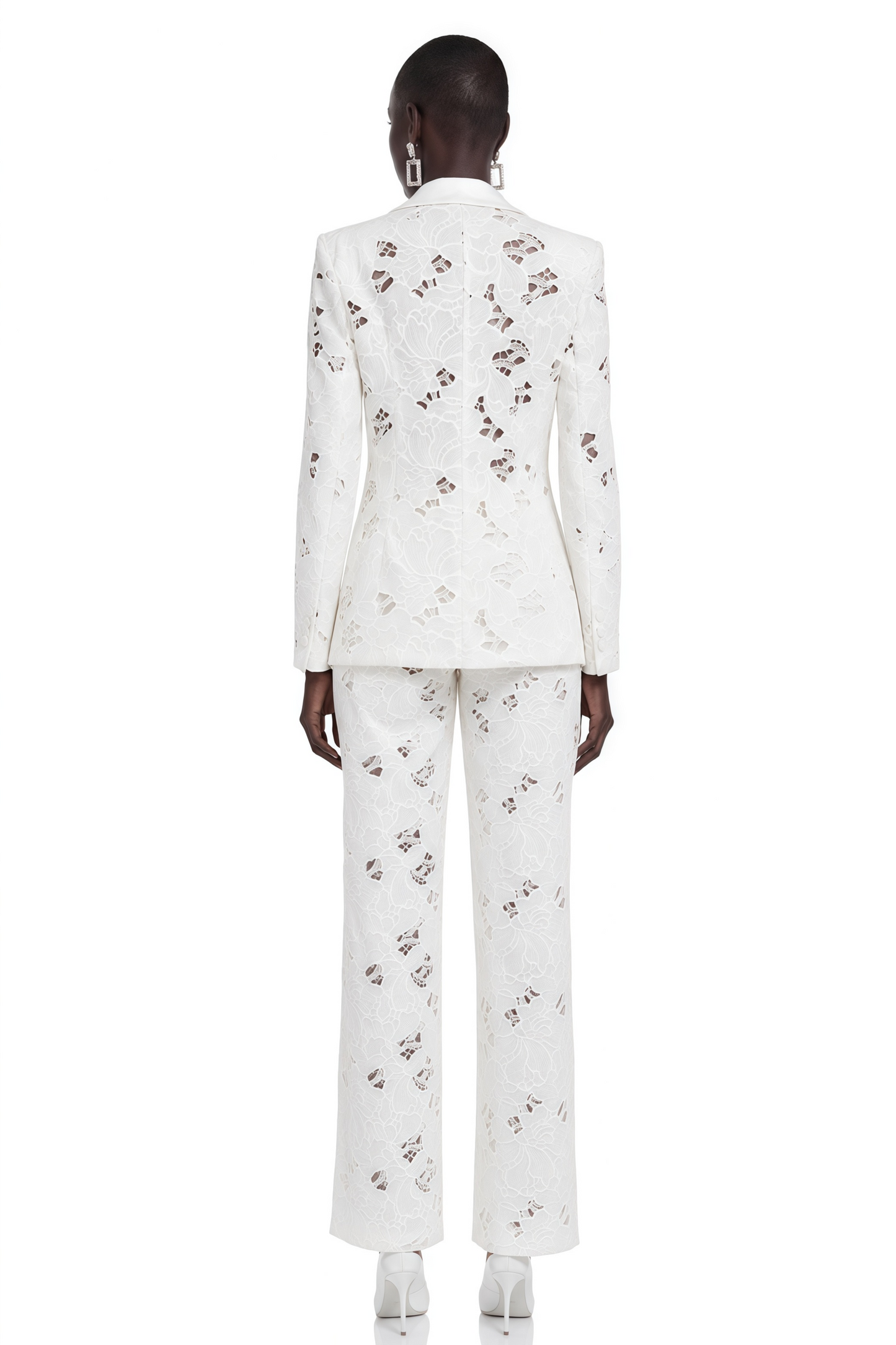 Romilda White Sheer Floral Lace Blazer & Trouser Set