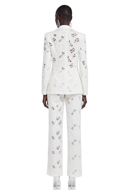 Romilda White Sheer Floral Lace Blazer & Trouser Set