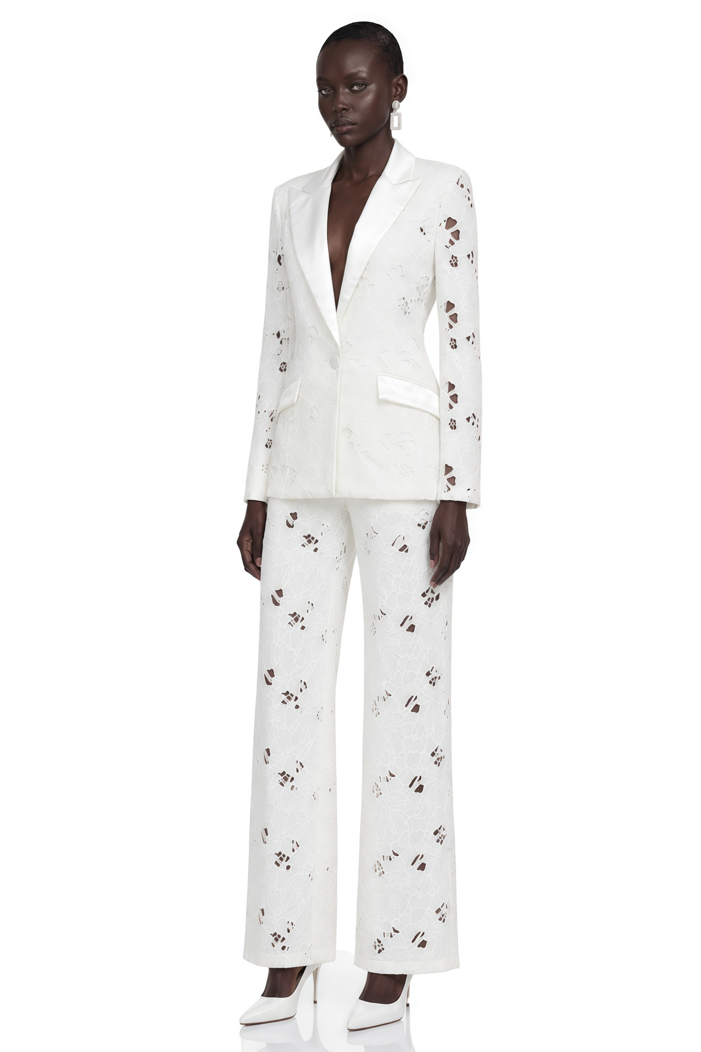 Romilda White Sheer Floral Lace Blazer & Trouser Set