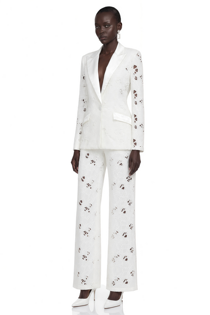 Romilda White Sheer Floral Lace Blazer & Trouser Set