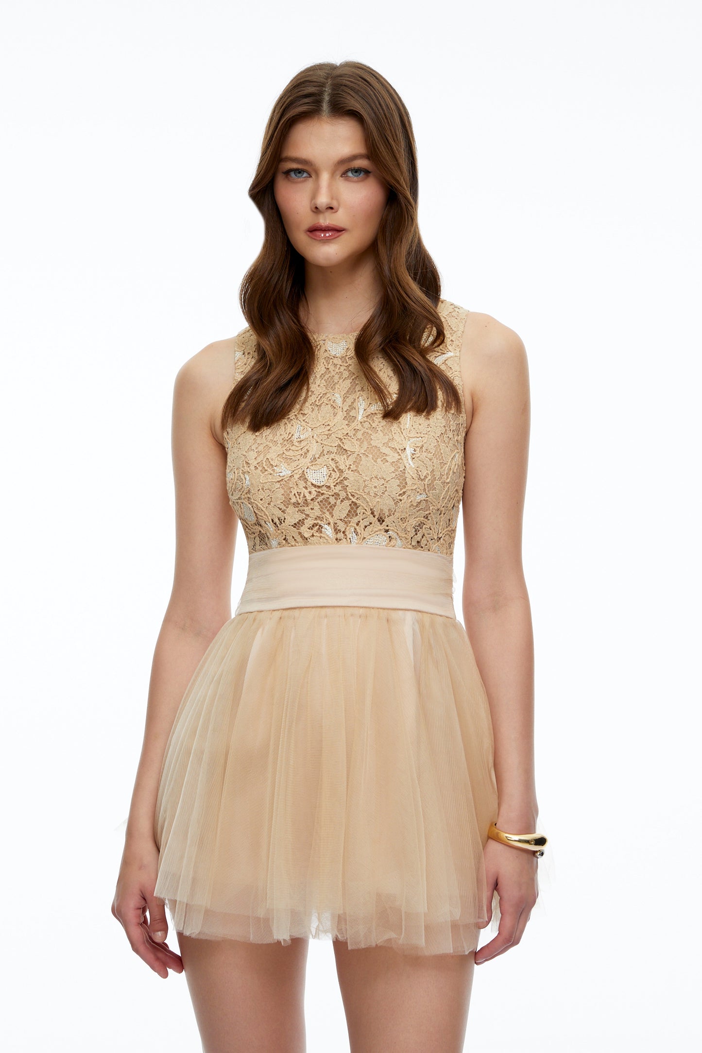 Rosa Neutral Floral Lace Mini Dress with Mesh Panels
