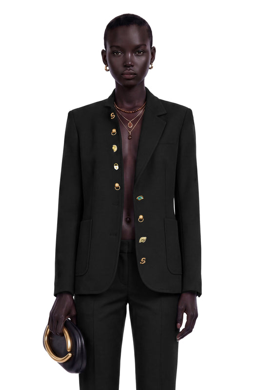 Rosalie Black Asymmetrical Decorative Button Blazer