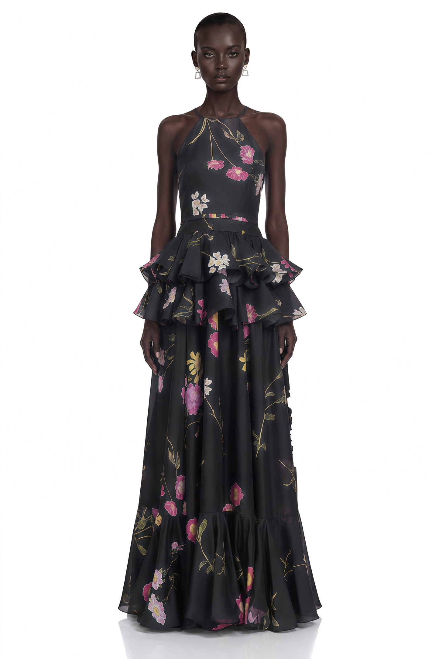 Rosalie Black Floral Print Halterneck Tiered Maxi Dress