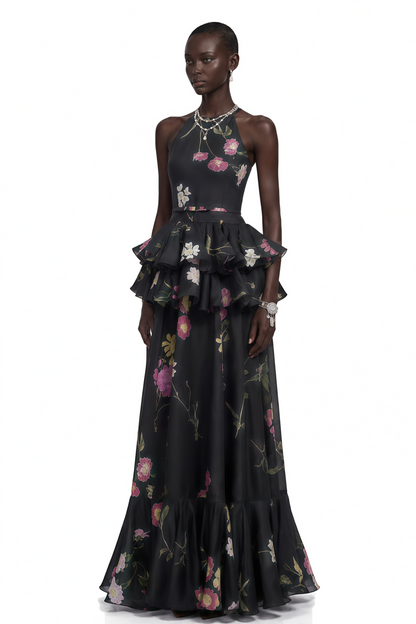 Rosalie Black Floral Print Halterneck Tiered Maxi Dress