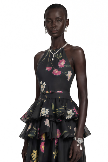Rosalie Black Floral Print Halterneck Tiered Maxi Dress