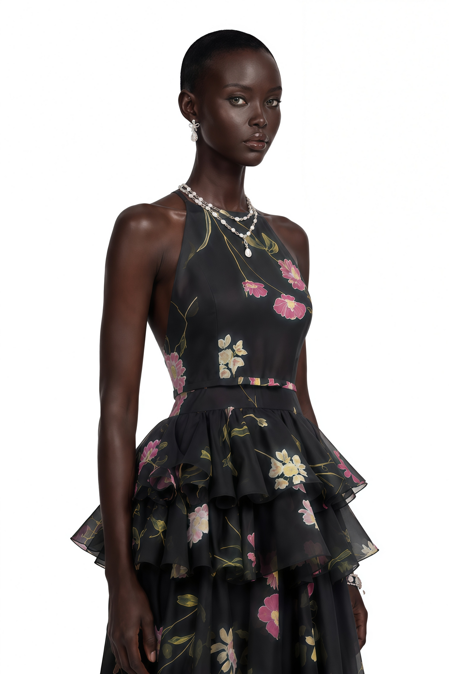 Rosalie Black Floral Print Halterneck Tiered Maxi Dress