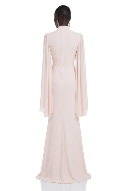 Rosalie Champagne Pleated Cape Maxi Dress