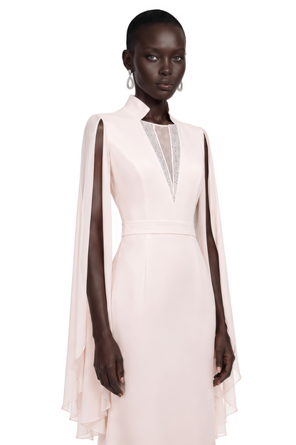 Rosalie Champagne Pleated Cape Maxi Dress