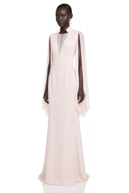 Rosalie Champagne Pleated Cape Maxi Dress