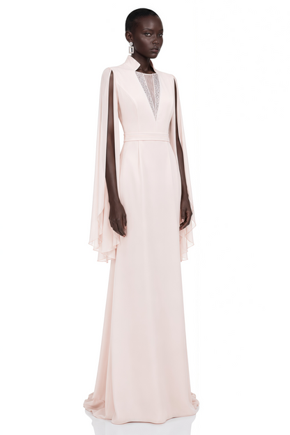 Rosalie Champagne Pleated Cape Maxi Dress