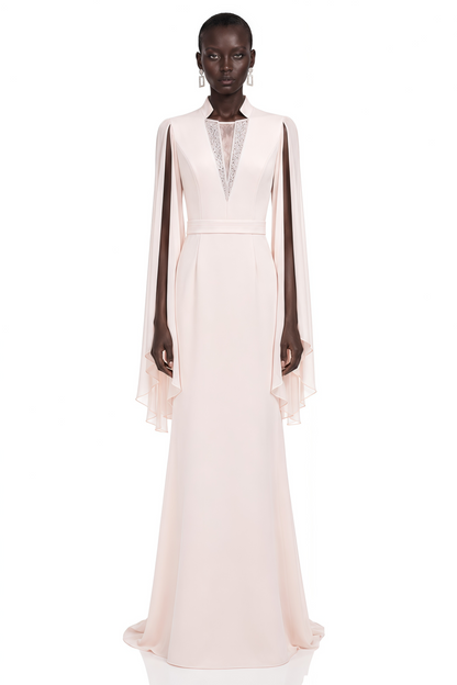 Rosalie Champagne Pleated Cape Maxi Dress