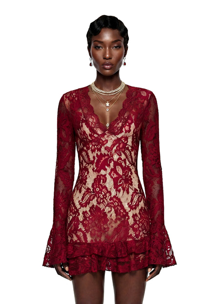 Rosalie Red Floral Lace Asymmetrical Mini Dress
