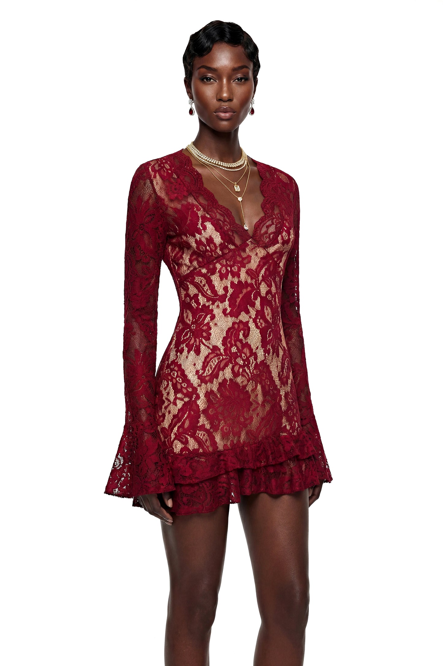 Rosalie Red Floral Lace Asymmetrical Mini Dress