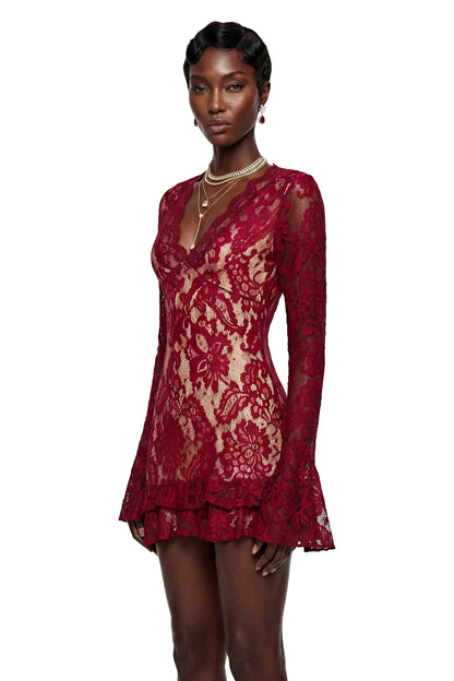 Rosalie Red Floral Lace Asymmetrical Mini Dress