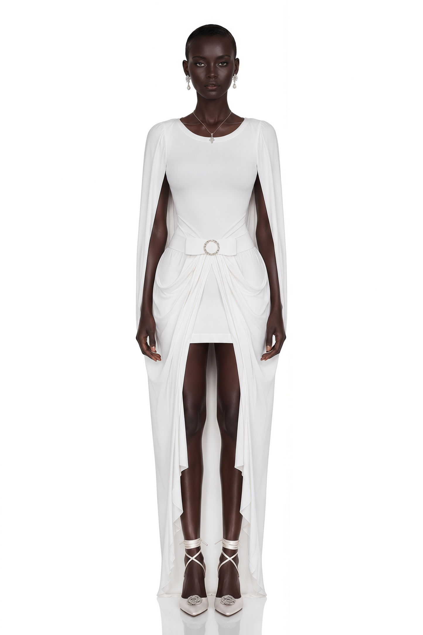 Rosalind White Round Neck Draped Mini Dress With Bow
